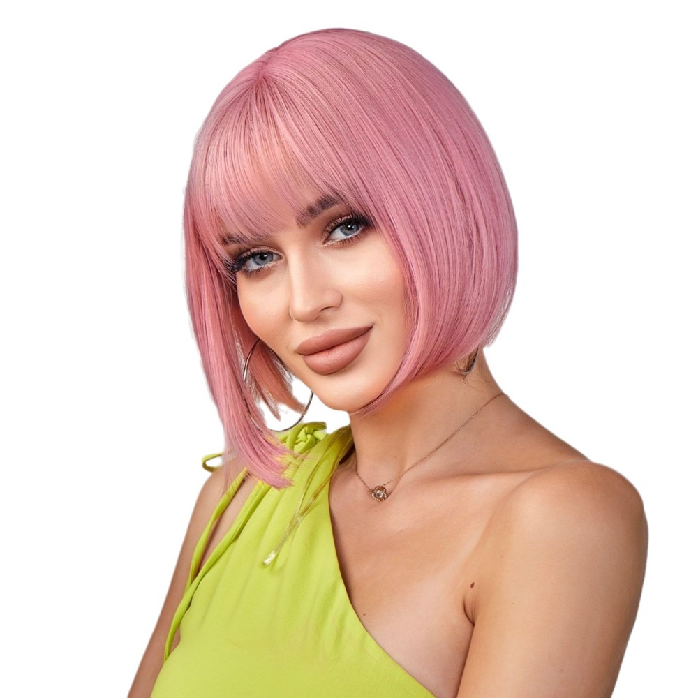 Pink Short Bob Synthetic Wigs with Bangs Straight Hair wigs Elegant Style for Daily and Party Use