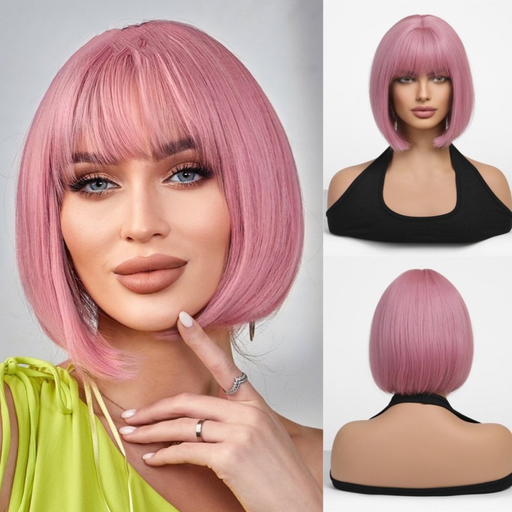 Pink Short Bob Synthetic Wigs with Bangs Straight Hair wigs Elegant Style for Daily and Party Use