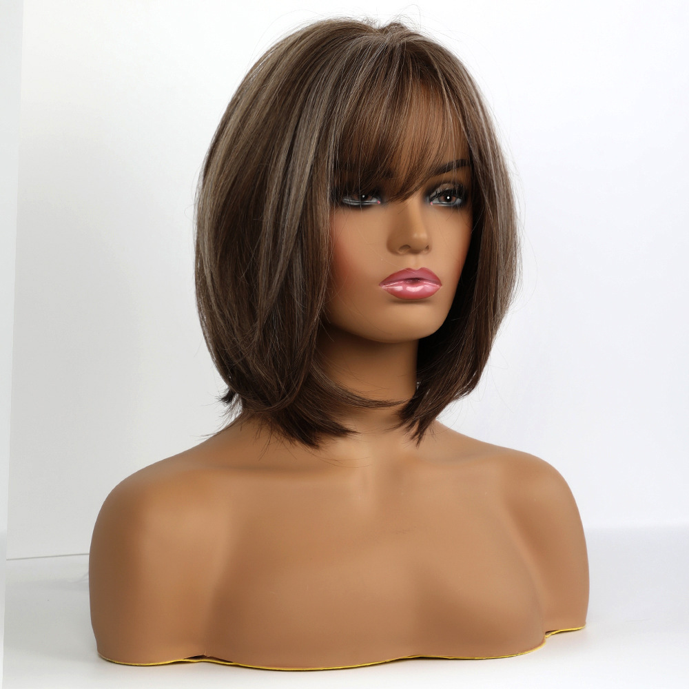 Short Synthetic Bob Wigs Mixed Brown Color Hair Wig with Bangs Daily Wear for Girls Natural Fiber  Use wigs
