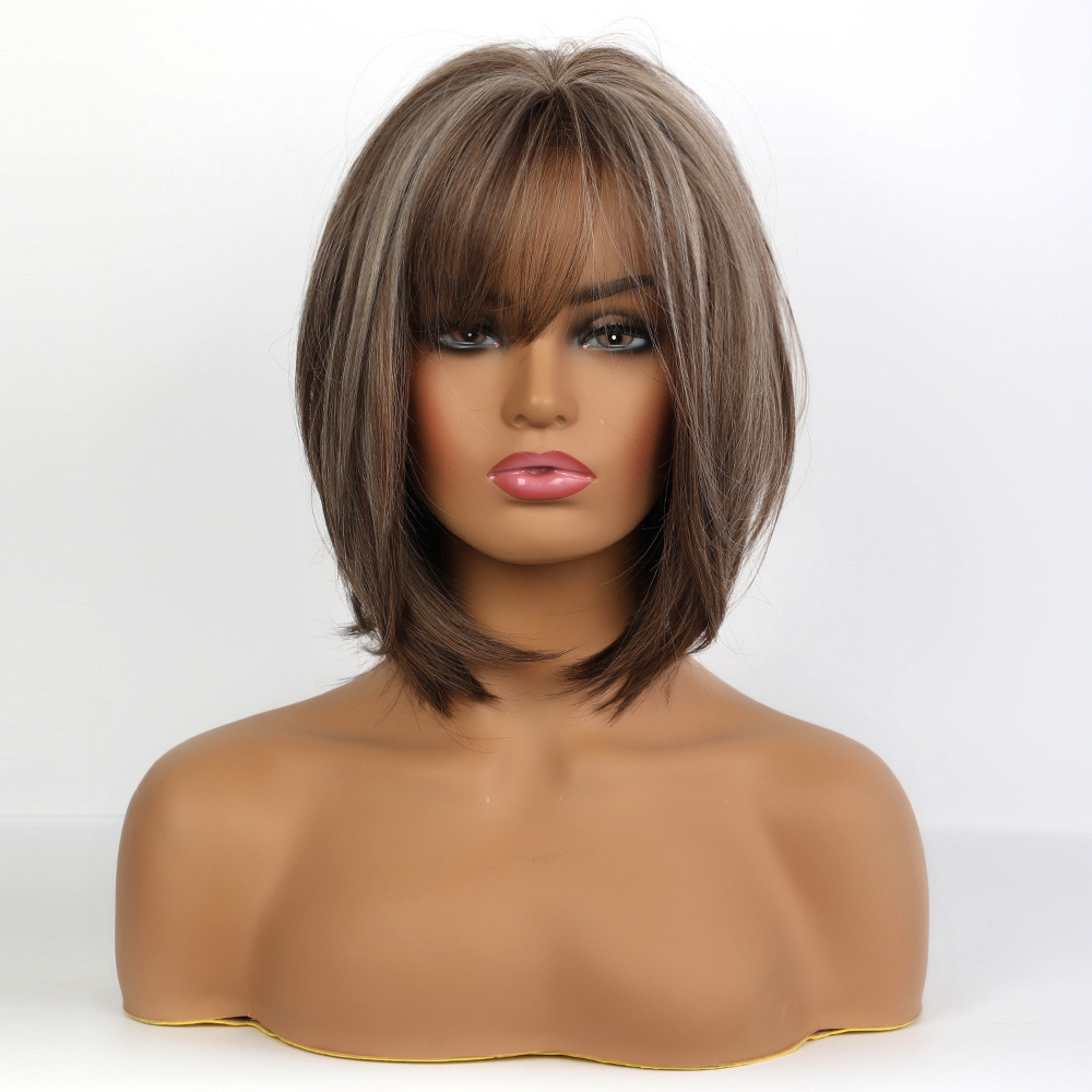 Short Synthetic Bob Wigs Mixed Brown Color Hair Wig with Bangs Daily Wear for Girls Natural Fiber  Use wigs
