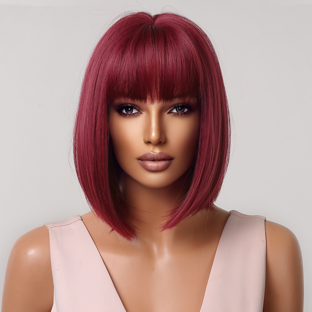 Short Wine Red Synthetic Wigs Straight Hair Wig with Bangsfor Black Women  Cosplay Party Heat Resistant Wigs