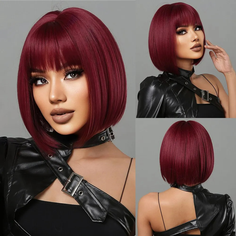 Short Wine Red Synthetic Wigs Straight Hair Wig with Bangsfor Black Women  Cosplay Party Heat Resistant Wigs