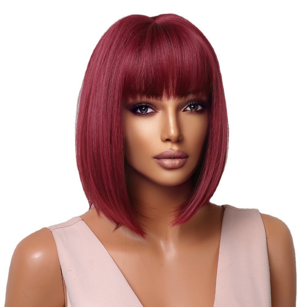Short Wine Red Synthetic Wigs Straight Hair Wig with Bangsfor Black Women  Cosplay Party Heat Resistant Wigs