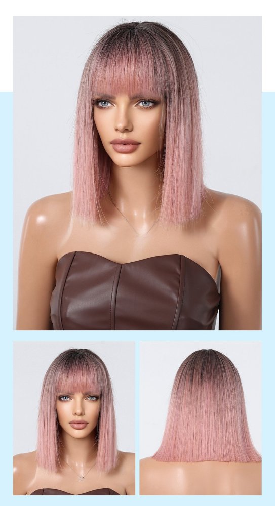 Short pink  Synthetic Wigs Straight Hair Wig with Bangs for  Women  Cosplay Party Heat Resistant Wigs