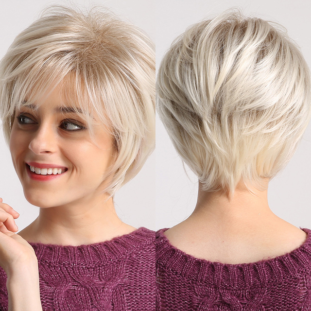 Brown Short Pixie Cut Synthetic Wig for Women Ombre Platinum Blonde Wigs with Bangs Daily/Party Heat Resistant Wigs