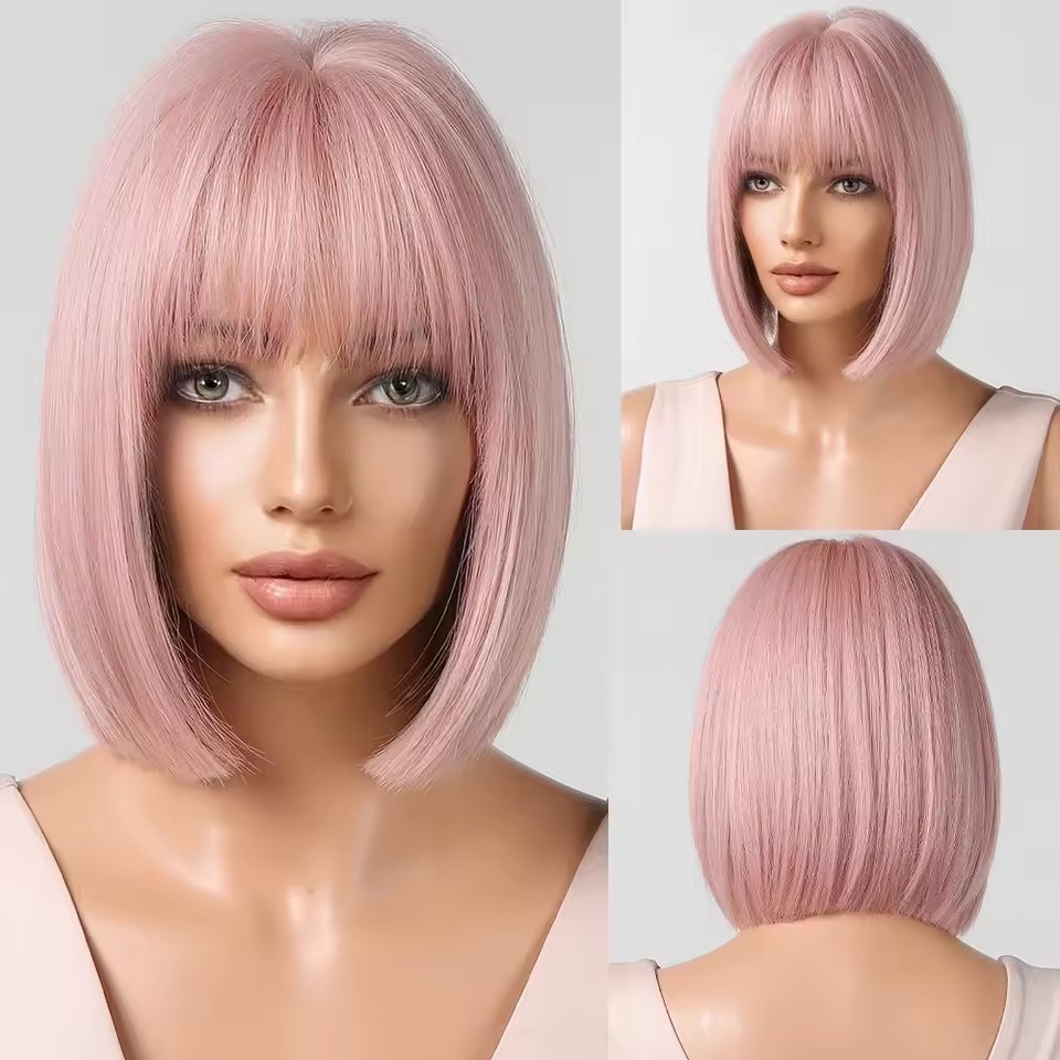 light pink  Short Wig Bob Natural Hair Woman Wigs with Bangs Daily wigs High Quality Synthetic Wig