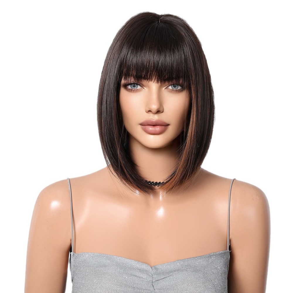 Dark Brown Bob Straight Synthetic Wigs Short Hair Wigs with Bangs Heat Resistant Fiber Natural Looking Black Wig for Women