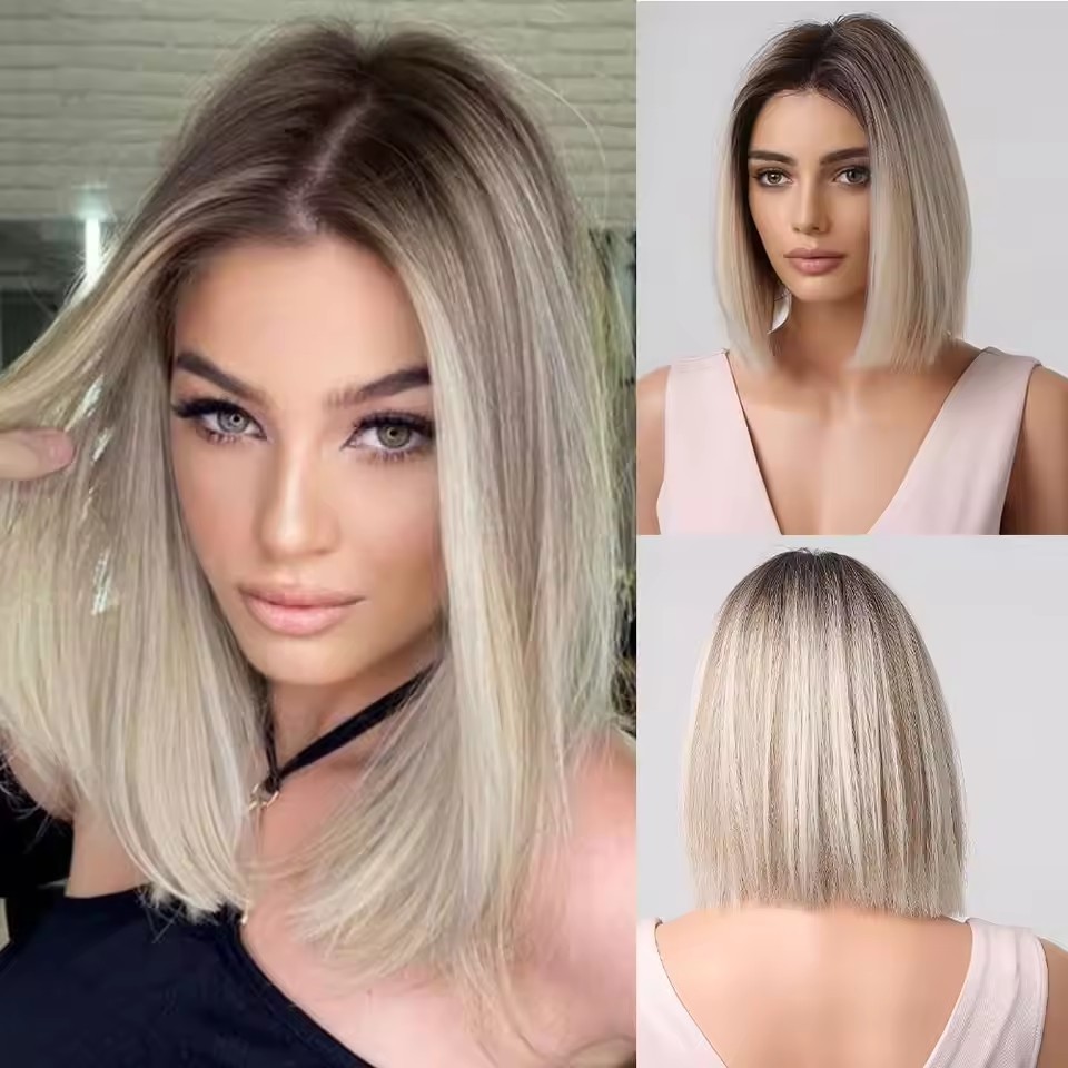 Brown Blonde Ombre Synthetic Wigs Short Straight Bob Wigs for Women Middle Part Cosplay Natural Heat Resistant Fiber wigs