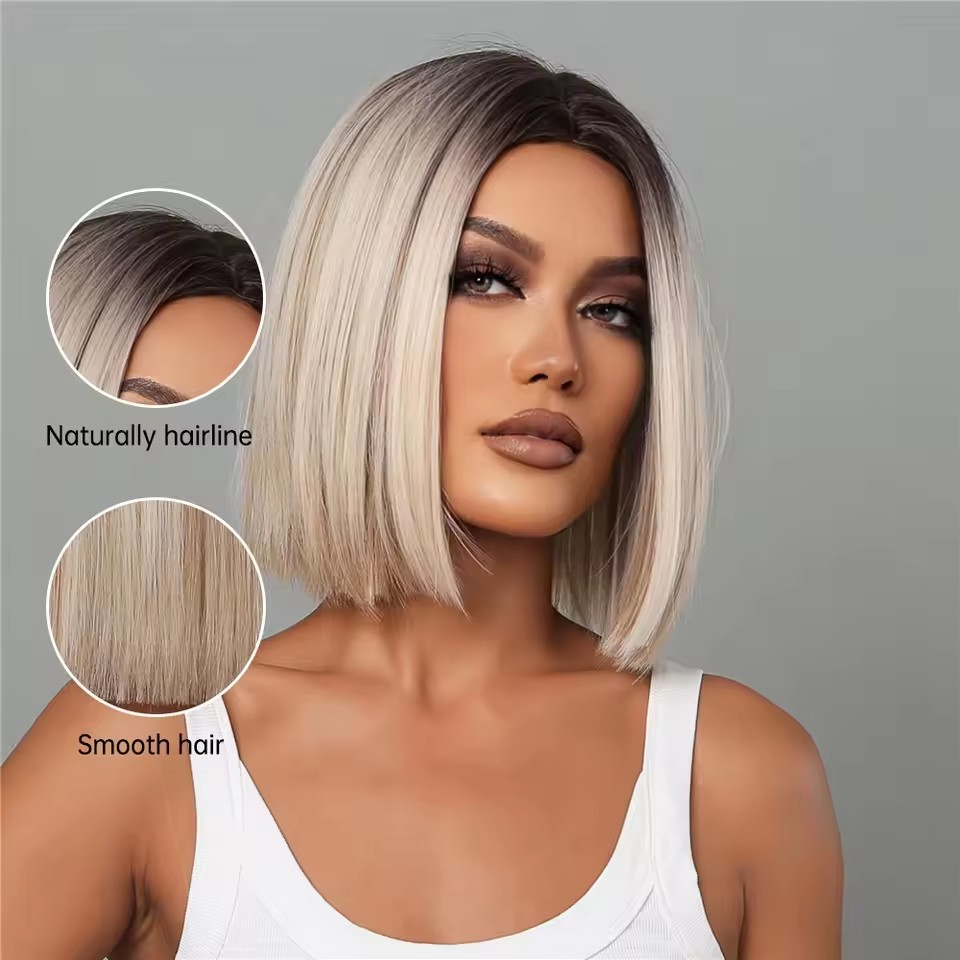 Brown Blonde Ombre Synthetic Wigs Short Straight Bob Wigs for Women Middle Part Cosplay Natural Heat Resistant Fiber wigs