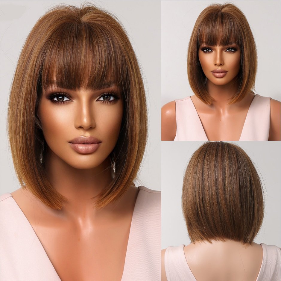 Short Straight Brown Synthetic Wigs with Bangs Bob Fake Hair High Quality Wig for Black Woman Daily Use Party Cosplay