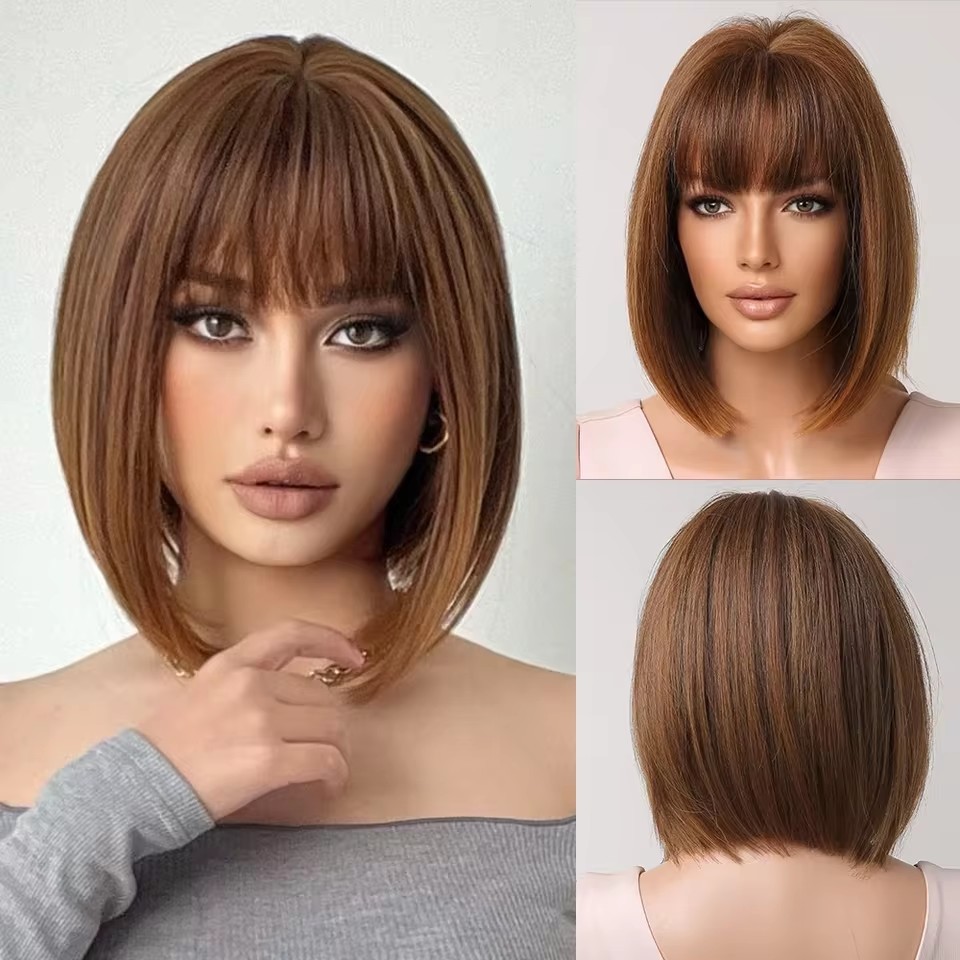 Short Straight Brown Synthetic Wigs with Bangs Bob Fake Hair High Quality Wig for Black Woman Daily Use Party Cosplay