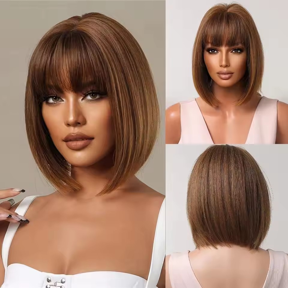 Short Straight Brown Synthetic Wigs with Bangs Bob Fake Hair High Quality Wig for Black Woman Daily Use Party Cosplay