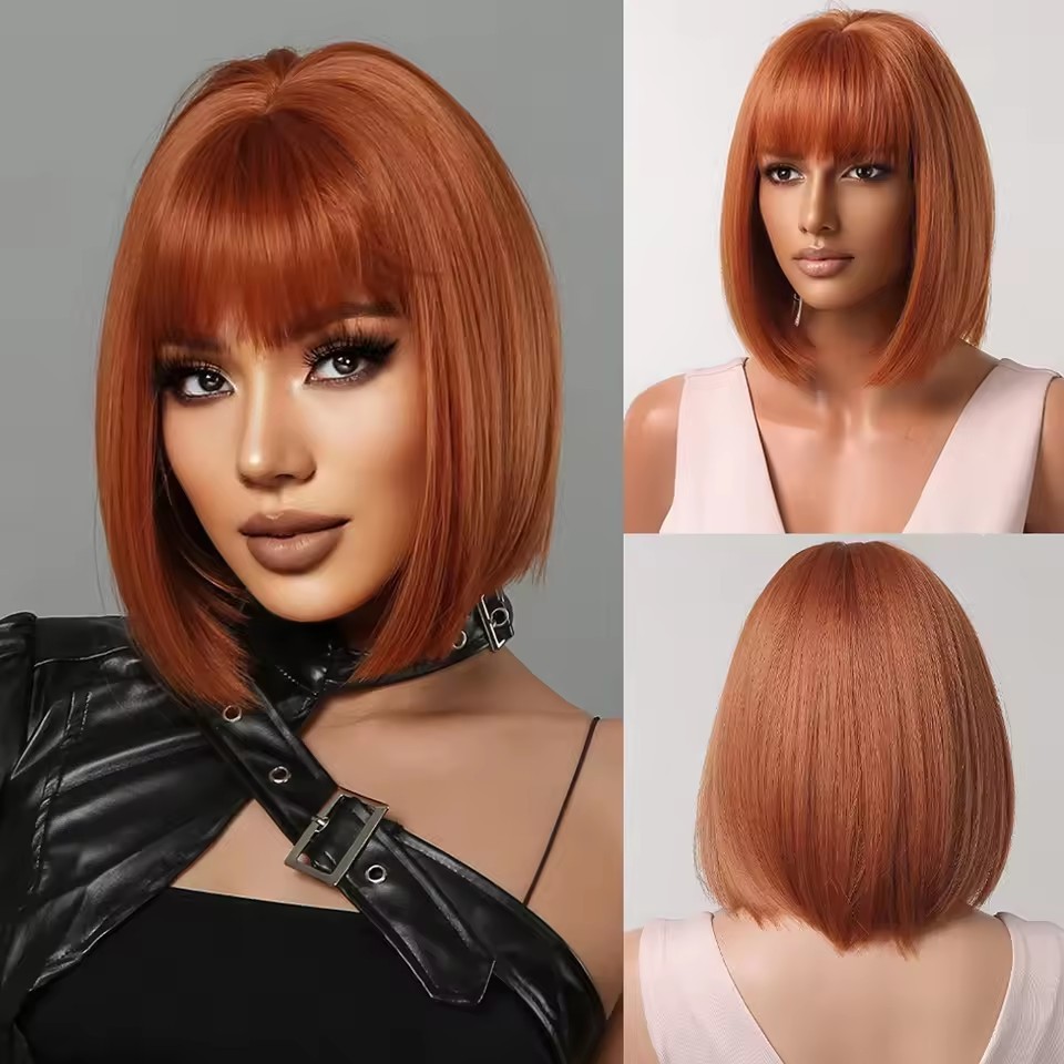 Short Straight Orange Synthetic Wig with Bangs Bob Ginger Cosplay heat resistant Wig For Women