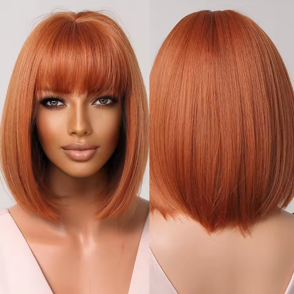 Short Straight Orange Synthetic Wig with Bangs Bob Ginger Cosplay heat resistant Wig For Women