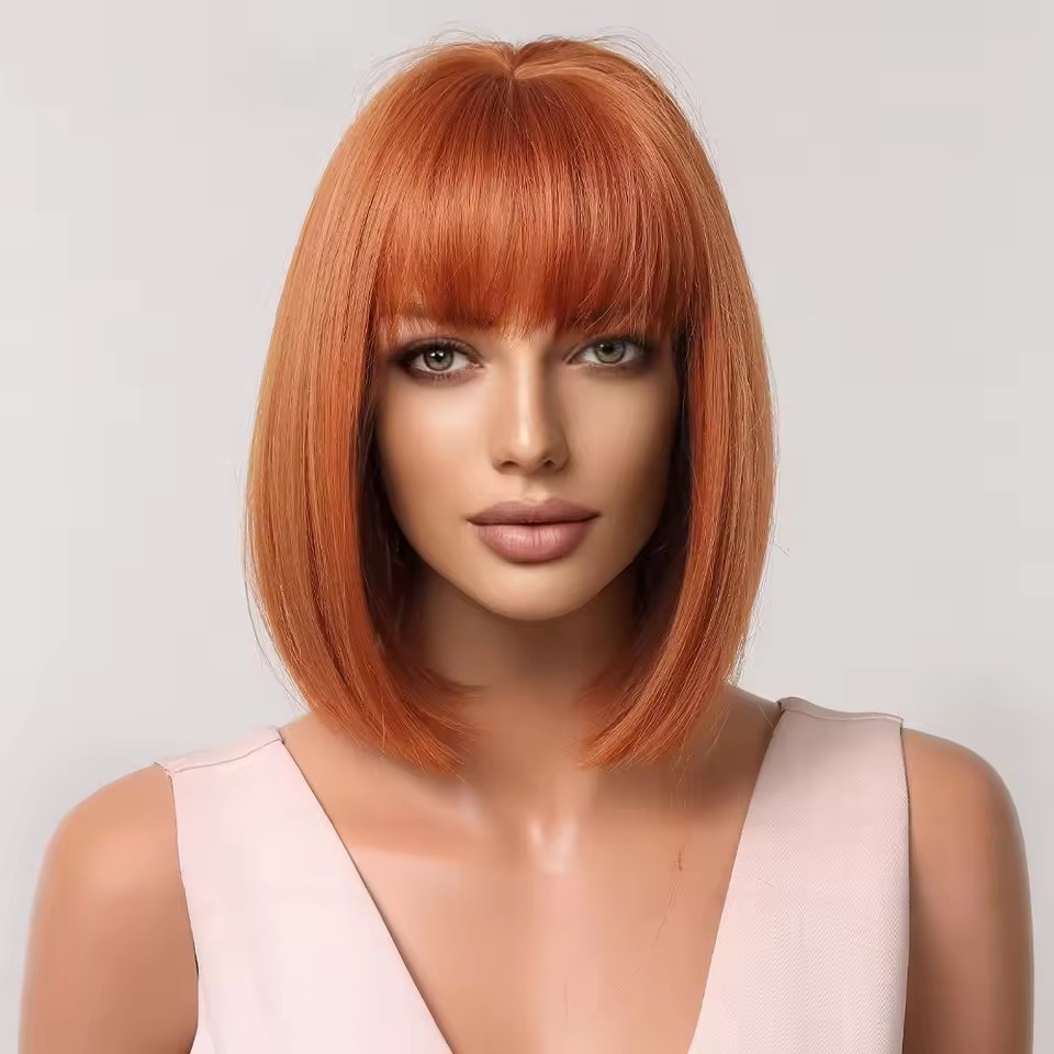 Short Straight Orange Synthetic Wig with Bangs Bob Ginger Cosplay heat resistant Wig For Women