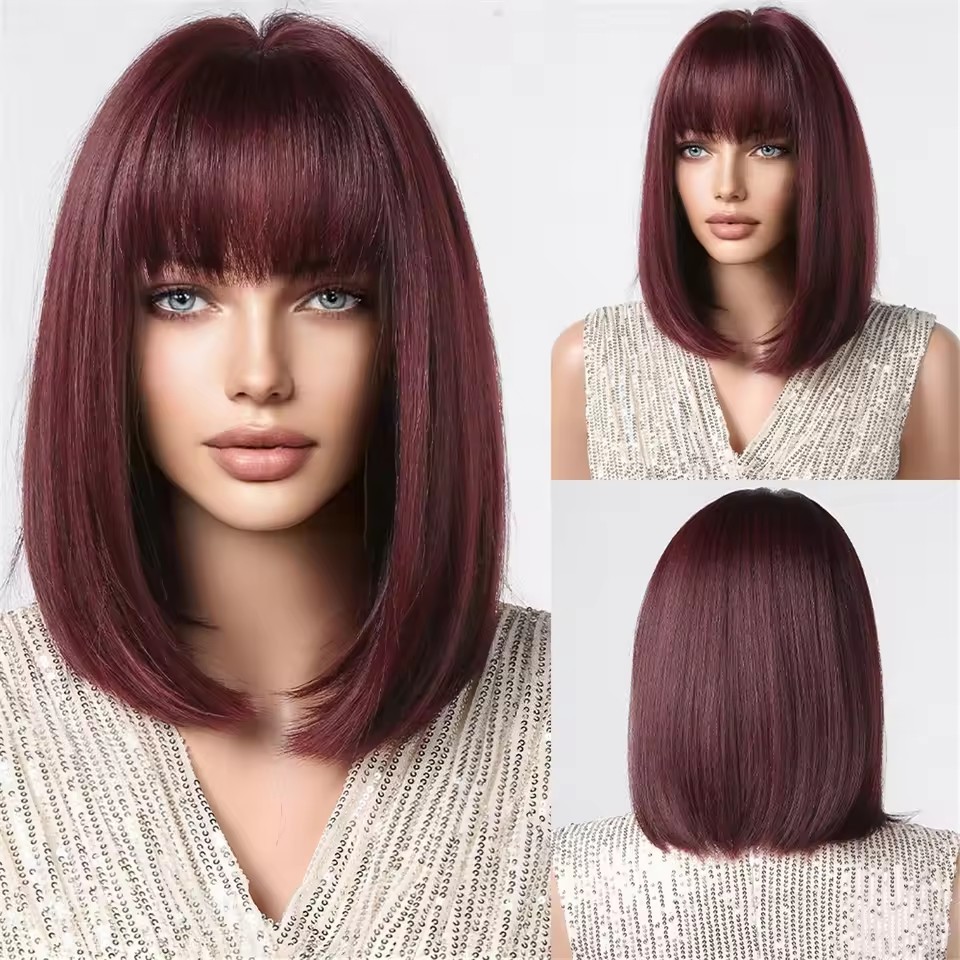 Dark Wine Red  Short Straight Synthetic Wigs with Bang Burgundy Bob synthetic Hair Wig for Women