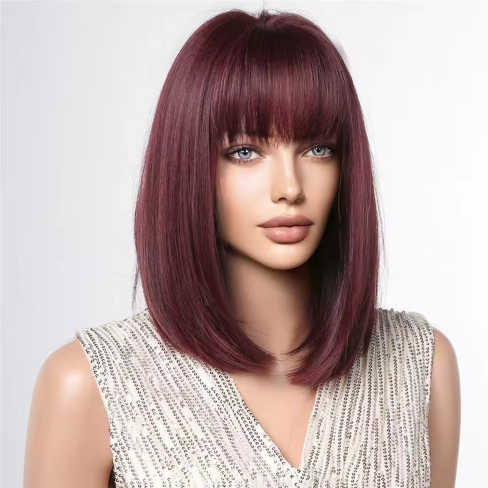 Dark Wine Red  Short Straight Synthetic Wigs with Bang Burgundy Bob synthetic Hair Wig for Women