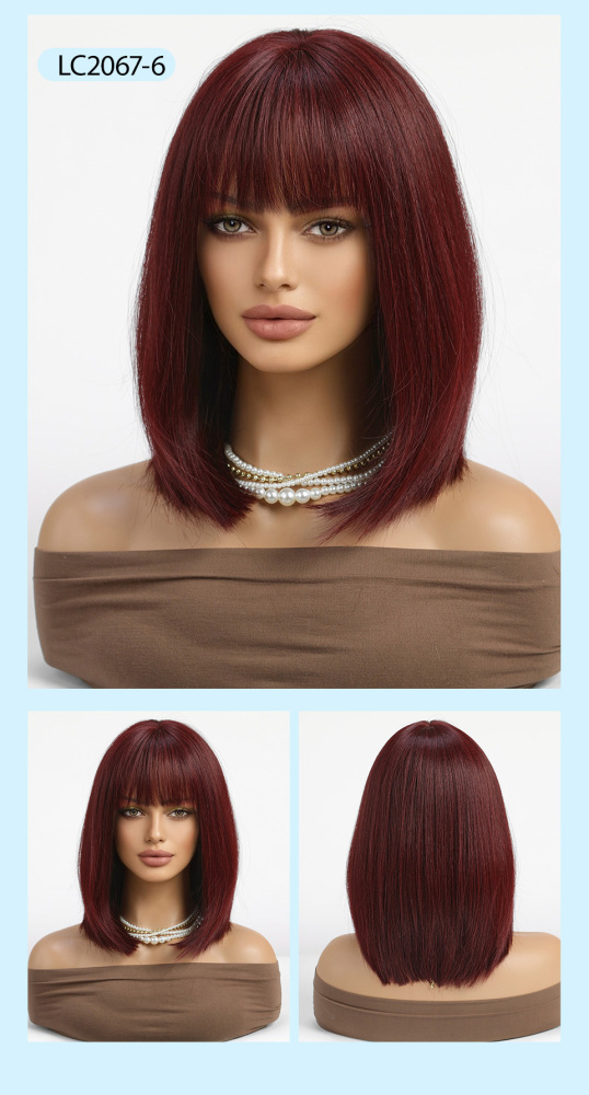 Dark Wine Red  Short Straight Synthetic Wigs with Bang Burgundy Bob synthetic Hair Wig for Women