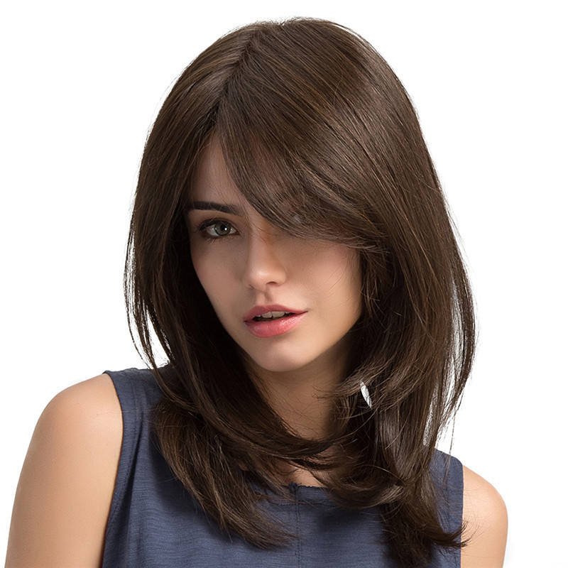 Synthetic Dark Brown Wig Natural Wave Wigs for Women Hair Wig With Bangs Heat Resistant Party Daily Natural Use