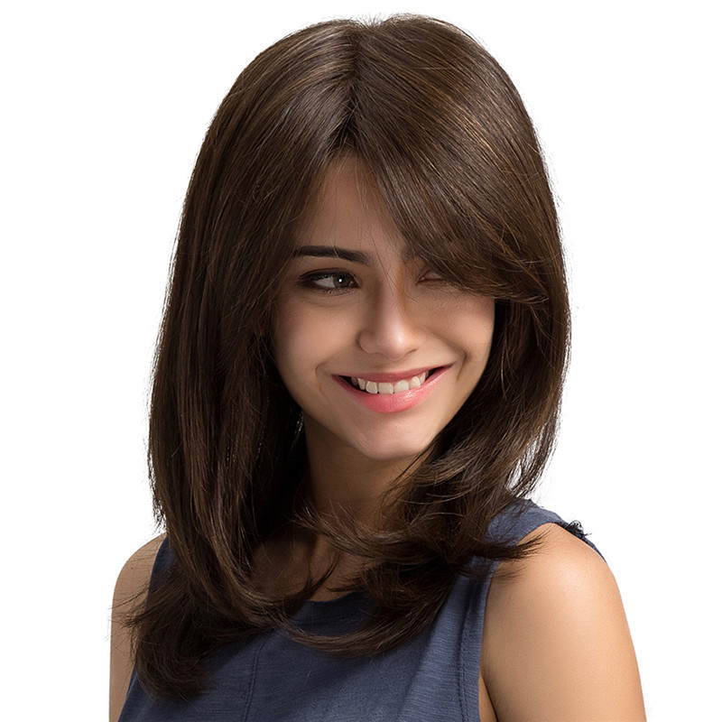 Synthetic Dark Brown Wig Natural Wave Wigs for Women Hair Wig With Bangs Heat Resistant Party Daily Natural Use