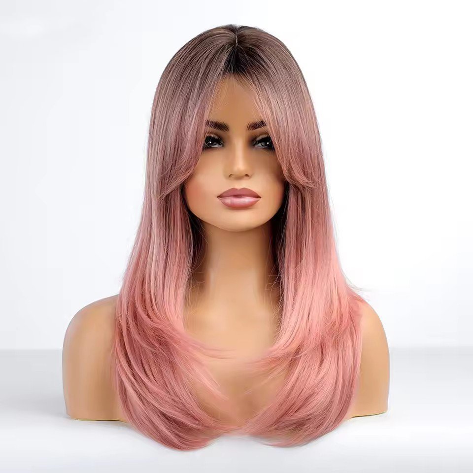 Wavy Medium Ombre Pink synthetic  Hair Wigs with Bangs Natural wave wigs for Women