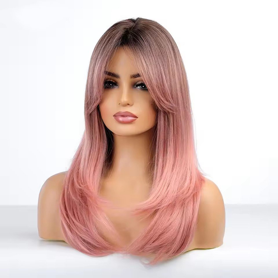 Wavy Medium Ombre Pink synthetic  Hair Wigs with Bangs Natural wave wigs for Women