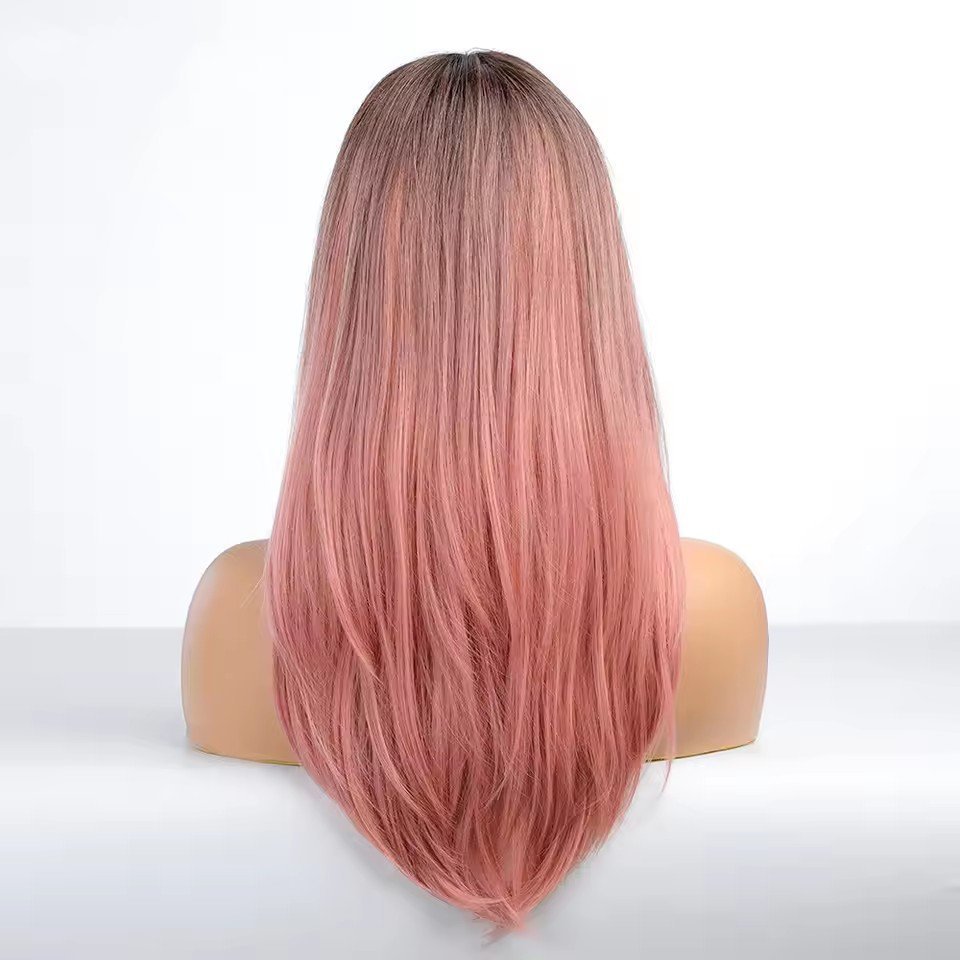 Wavy Medium Ombre Pink synthetic  Hair Wigs with Bangs Natural wave wigs for Women