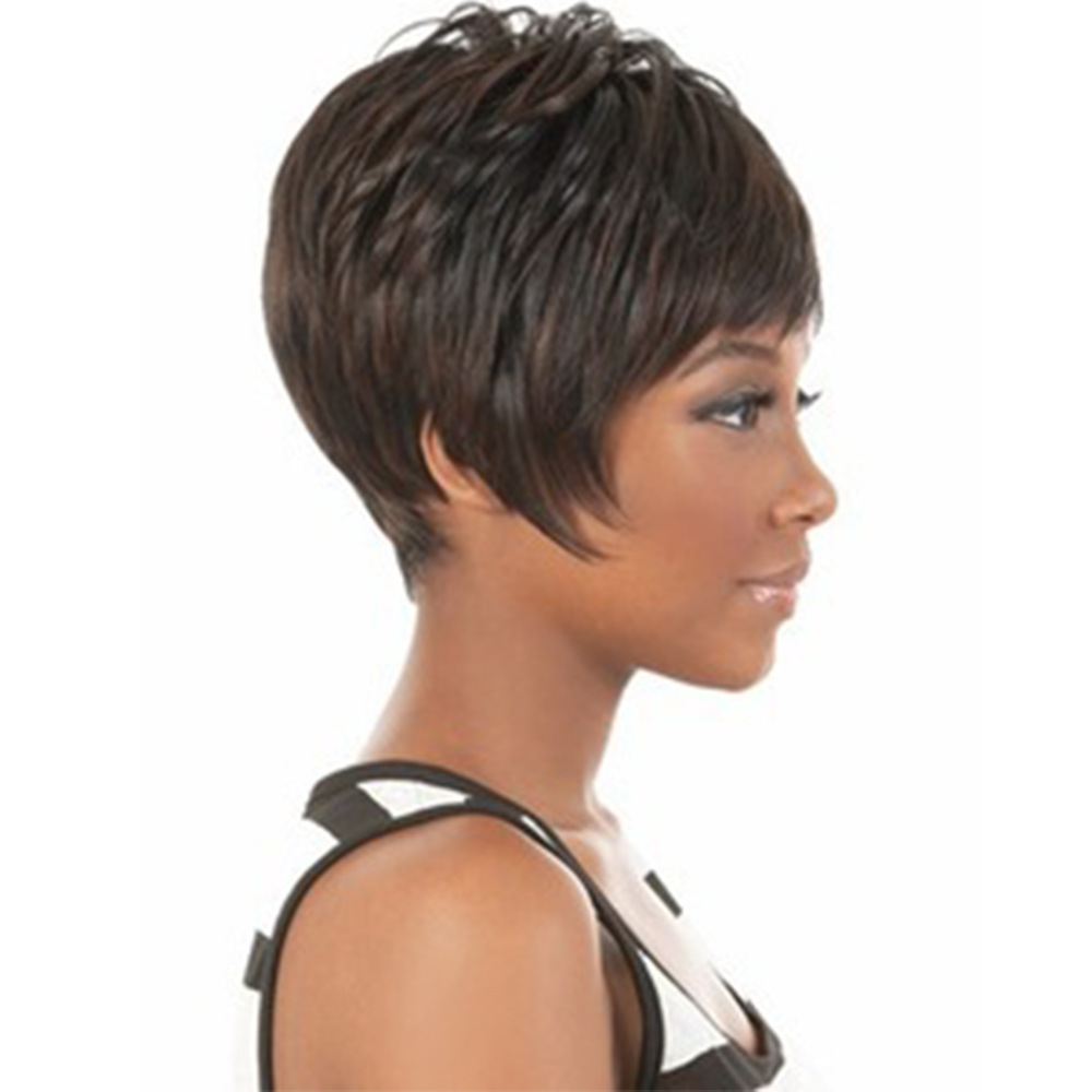 Short Pixie Cut Dark Brown Synthetic Wigs Natural Straight Layered Wig with Fluffy Bangs for Women