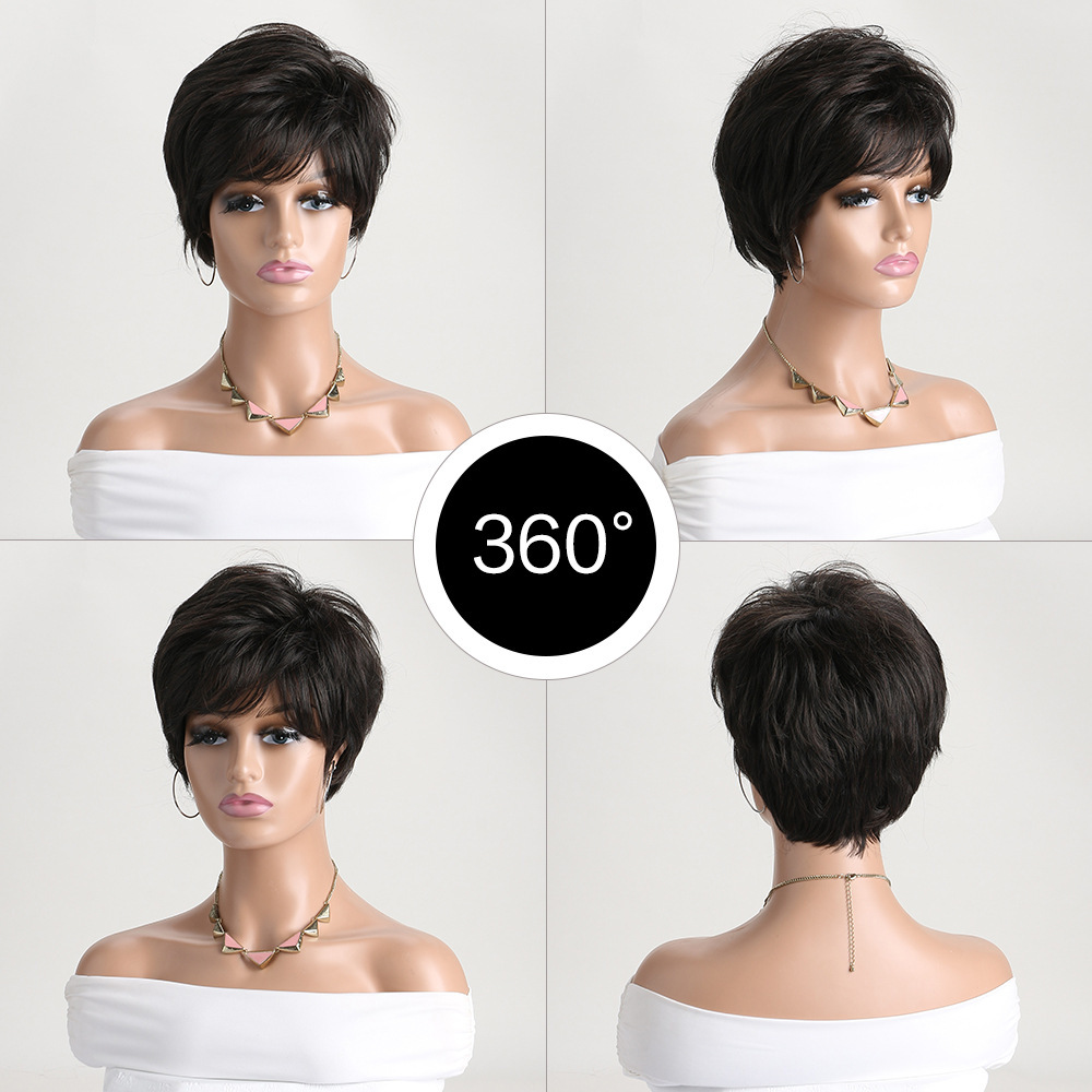 Short Pixie Cut Dark Brown Synthetic Wigs Natural Straight Layered Wig with Fluffy Bangs for Women