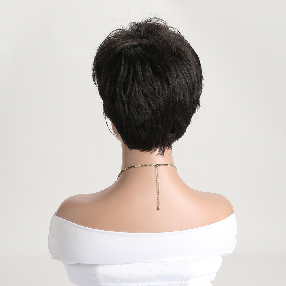 Short Pixie Cut Dark Brown Synthetic Wigs Natural Straight Layered Wig with Fluffy Bangs for Women