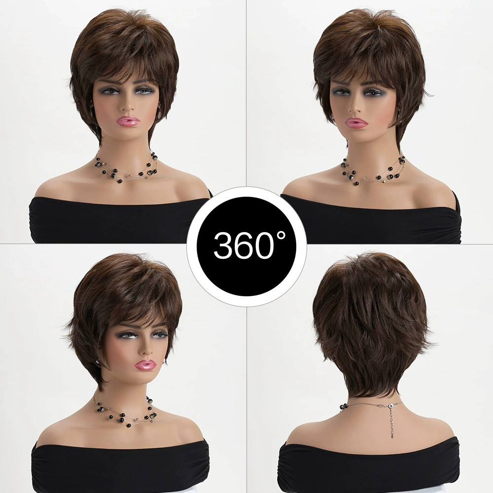 Short Pixie Cut Dark Brown Synthetic Wigs Natural Straight Layered Wig with Fluffy Bangs for Women