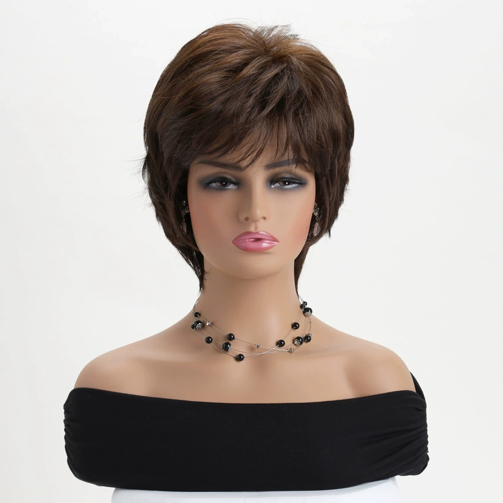 Short Pixie Cut Dark Brown Synthetic Wigs Natural Straight Layered Wig with Fluffy Bangs for Women