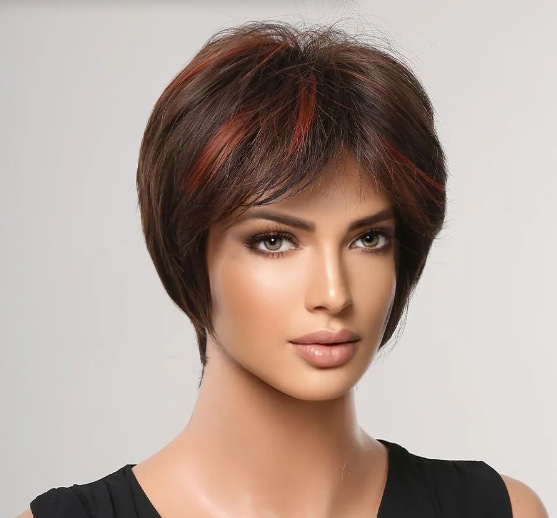 Short Pixie Cut Dark Brown Synthetic Wigs Natural Straight Layered Wig with Fluffy Bangs for Women Daily wear