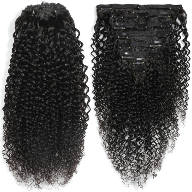 Natural black color Kinky Curly Clip in Hair Extension 120g/set clip-in Full Head set clip in hair exyensions