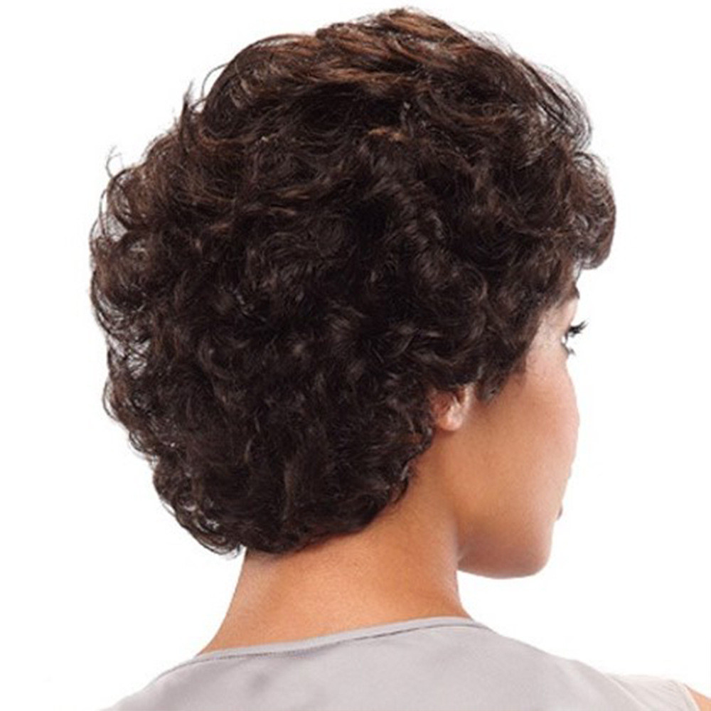 Dark Brown Short Curly Wavy Wig with Hair Bangs Premium Synthetic Fashion Brown Hair Wigs for Women