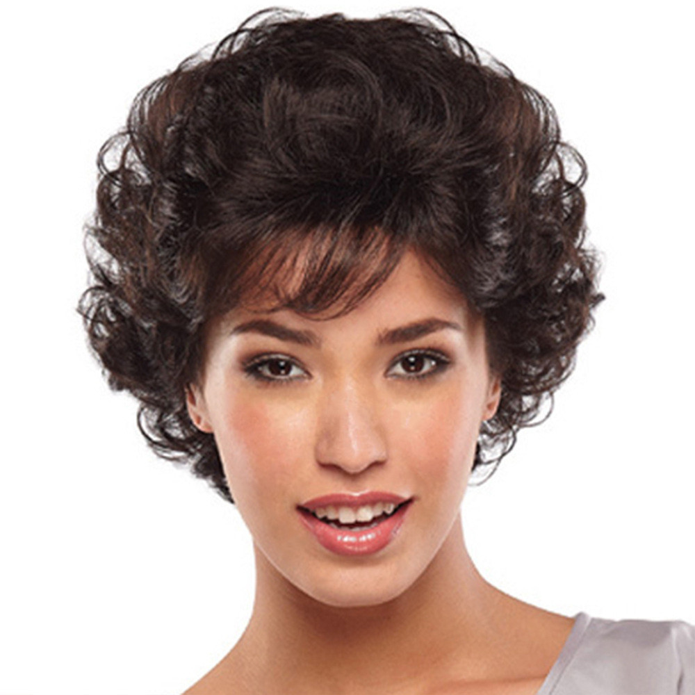 Dark Brown Short Curly Wavy Wig with Hair Bangs Premium Synthetic Fashion Brown Hair Wigs for Women