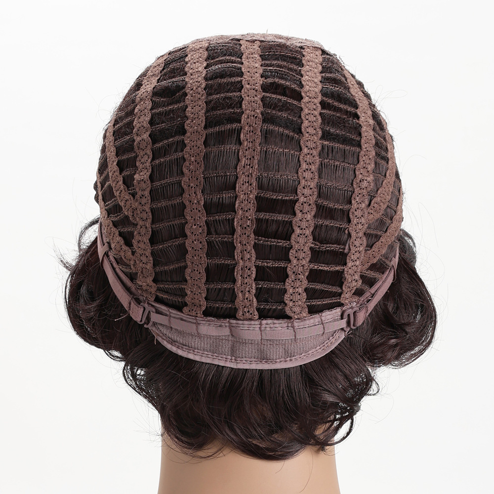 Dark Brown Short Curly Wavy Wig with Hair Bangs Premium Synthetic Fashion Brown Hair Wigs for Women