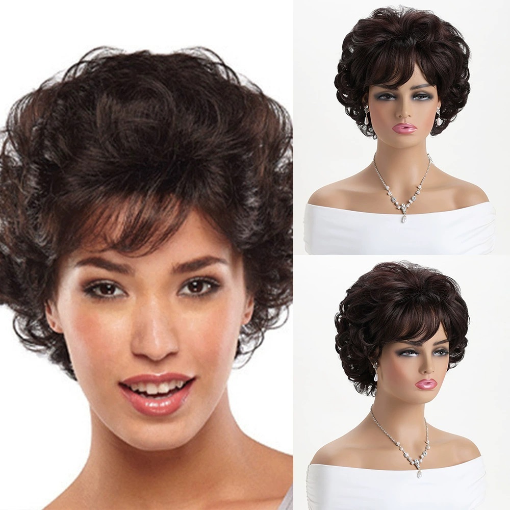 Dark Brown Short Curly Wavy Wig with Hair Bangs Premium Synthetic Fashion Brown Hair Wigs for Women