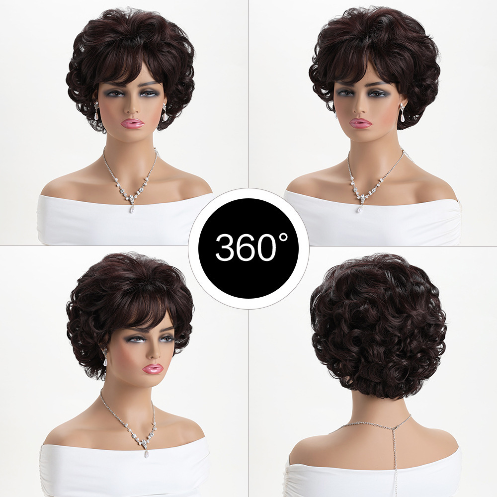 Dark Brown Short Curly Wavy Wig with Hair Bangs Premium Synthetic Fashion Brown Hair Wigs for Women