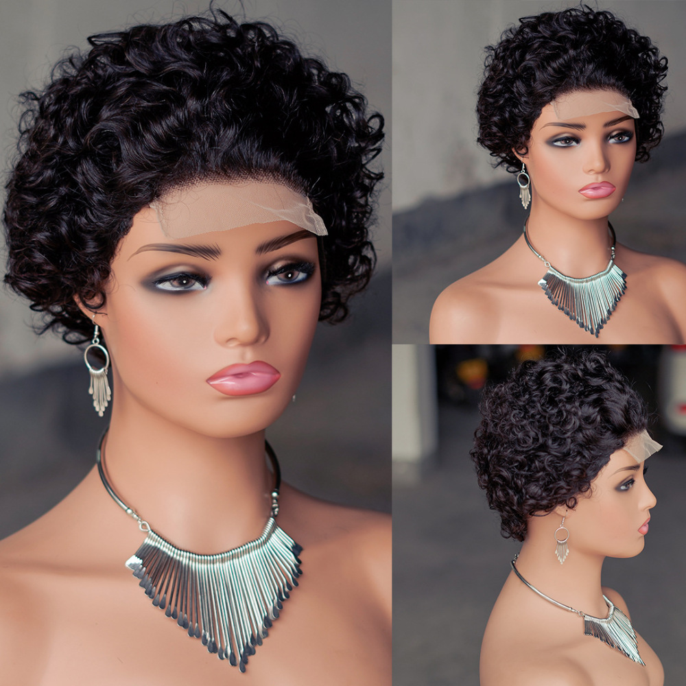 Natural Short 4*4 Transparent Lace Frontal Human Hair Wigs Curly Pixie Cut Brazilian hair wigs for Black Wome