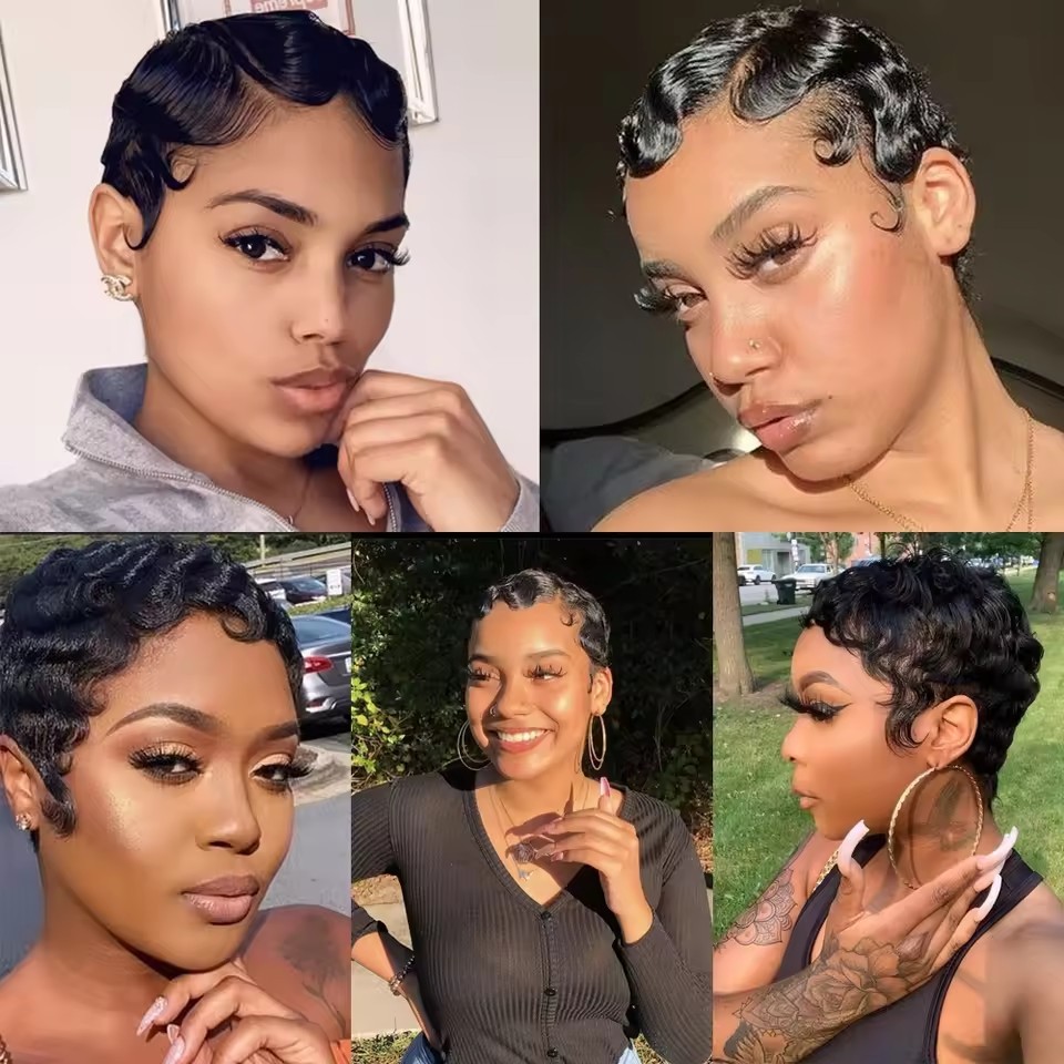 Natural Pixie Cut Finger Wave Short Bob Wigs For Black Women Human Hair Ocean Wave Short  13X1 Lace Front wigs
