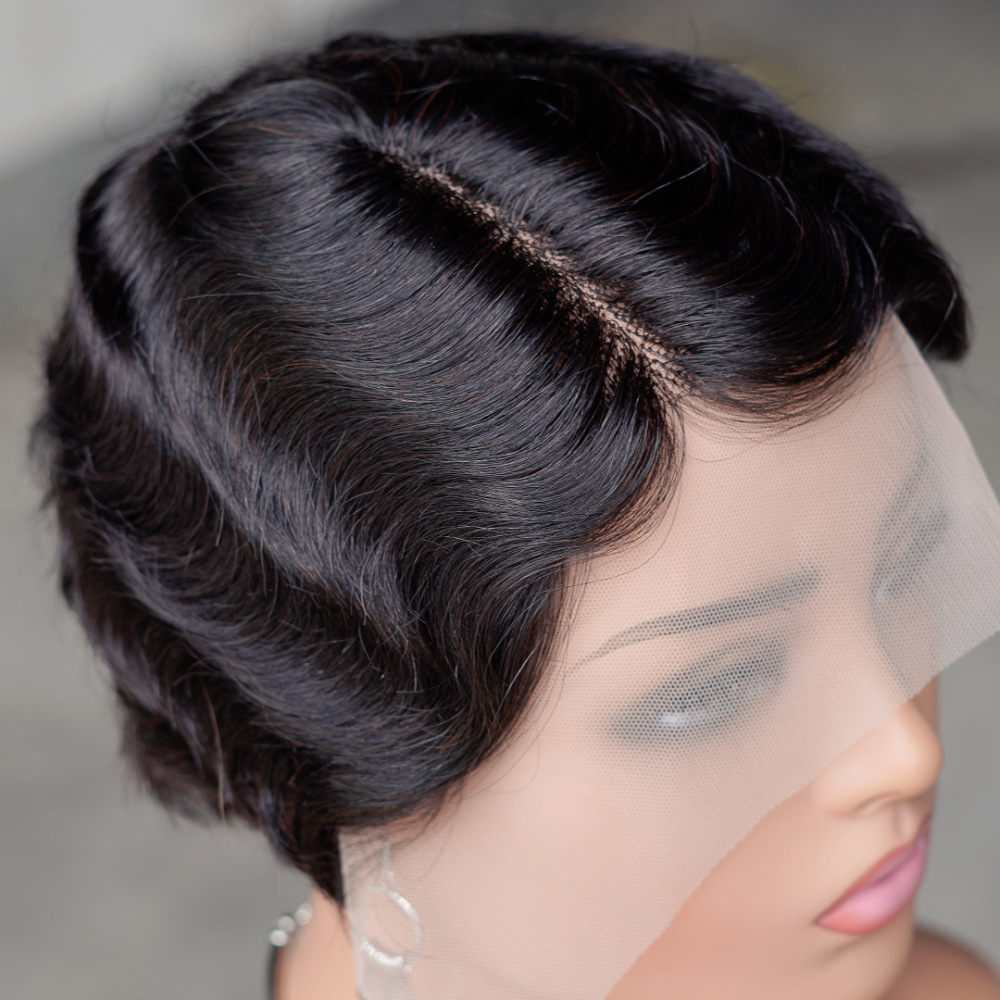 Natural Pixie Cut Finger Wave Short Bob Wigs For Black Women Human Hair Ocean Wave Short  13X1 Lace Front wigs