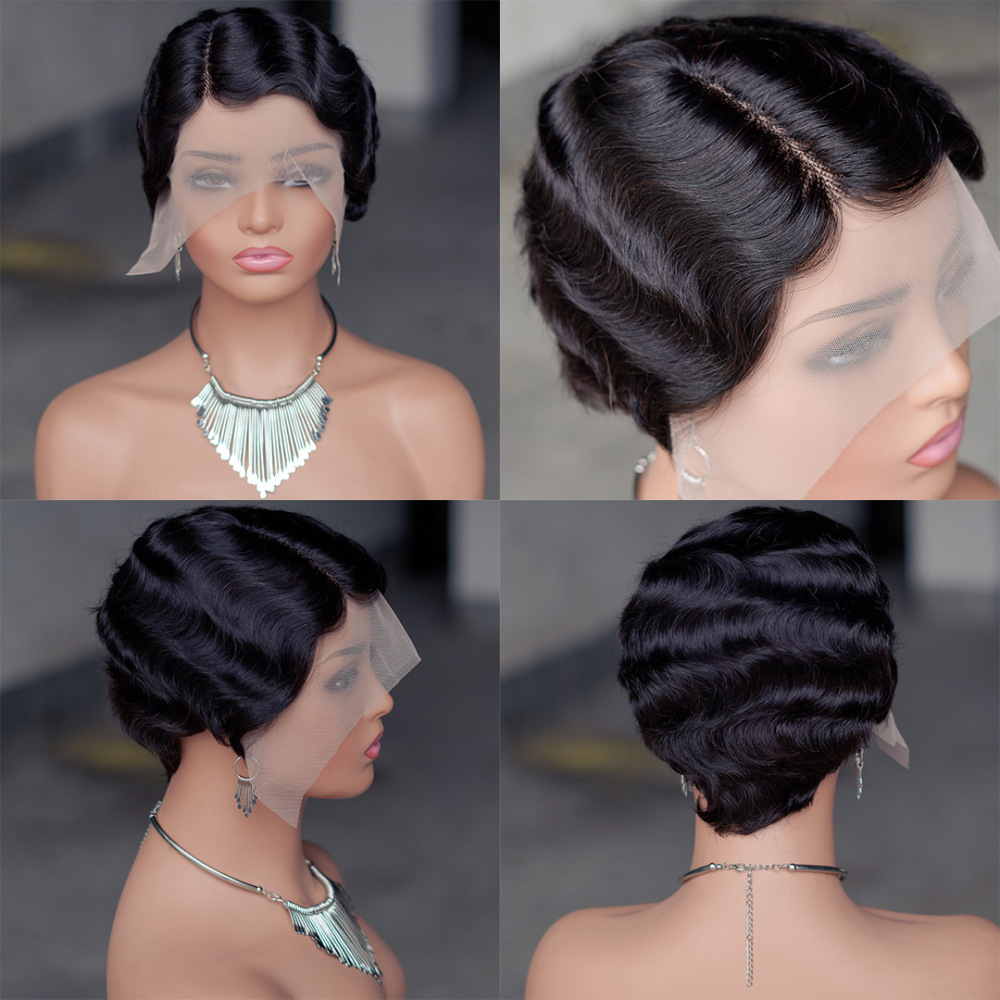 Natural Pixie Cut Finger Wave Short Bob Wigs For Black Women Human Hair Ocean Wave Short  13X1 Lace Front wigs