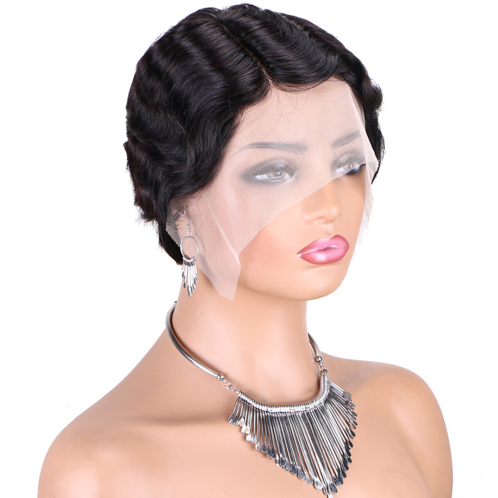 Natural Pixie Cut Finger Wave Short Bob Wigs For Black Women Human Hair Ocean Wave Short  13X1 Lace Front wigs