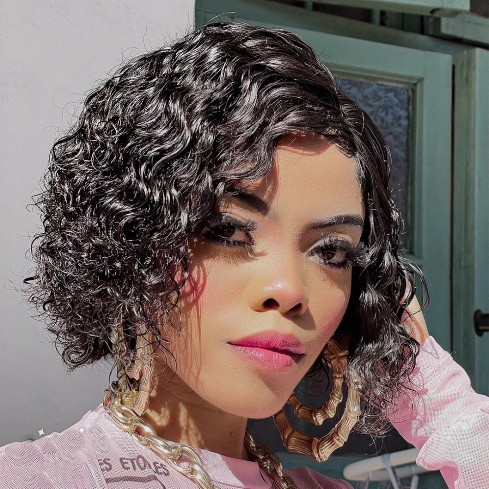 Natural Short Deep Wave Lace Front Wig Human Hair with Model length Natural Color Brazilian Remy Human Hair Wigs
