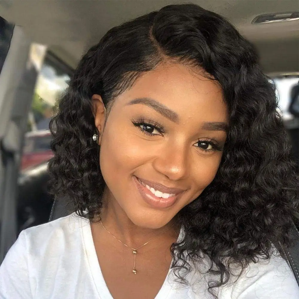 Natural Short Deep Wave Lace Front Wig Human Hair with Model length Natural Color Brazilian Remy Human Hair Wigs