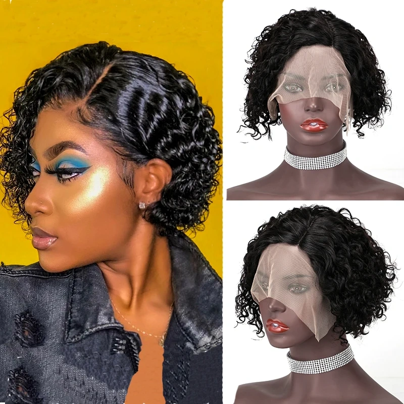 Natural Short Deep Wave Lace Front Wig Human Hair with Model length Natural Color Brazilian Remy Human Hair Wigs