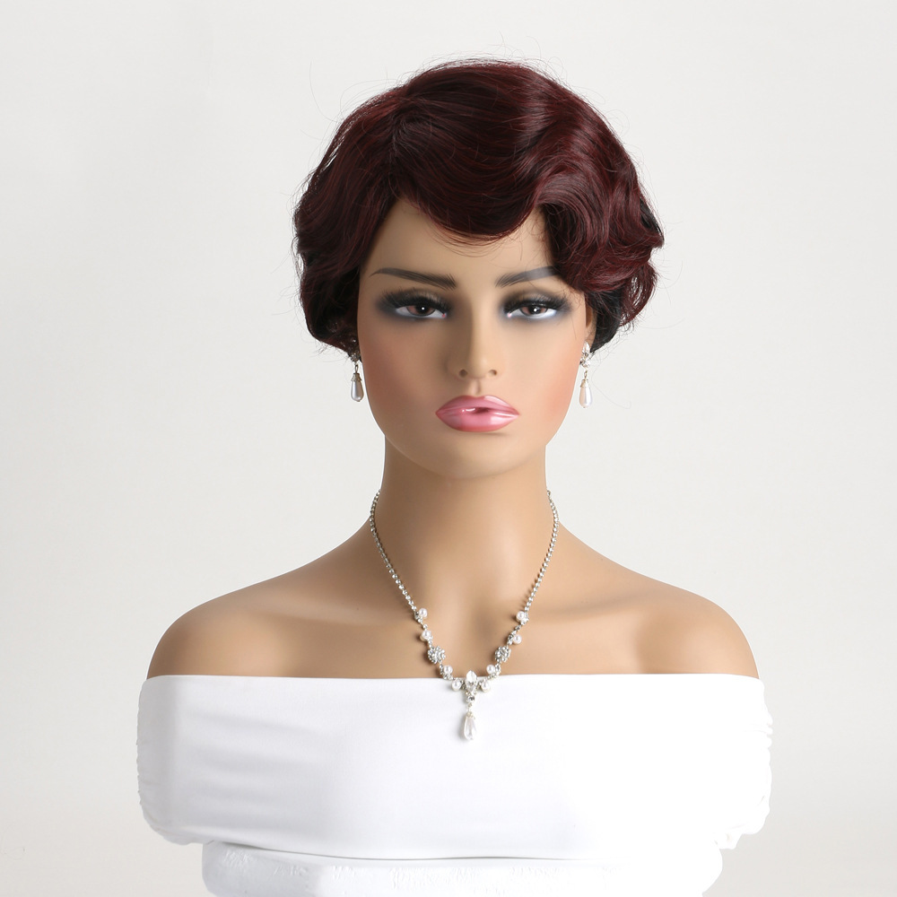 Machine Made Short Hair Wigs with Bangs Dark Brown Mixed Blonde Pixie Cut Wig for Women