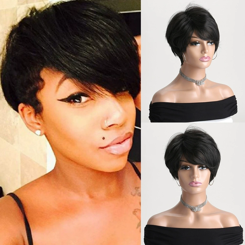 Short Hair Wigs with Bangs Dark Brown Mixed Blonde Pixie Cut Wig for Women Straight Synthetic Fiber Wigs