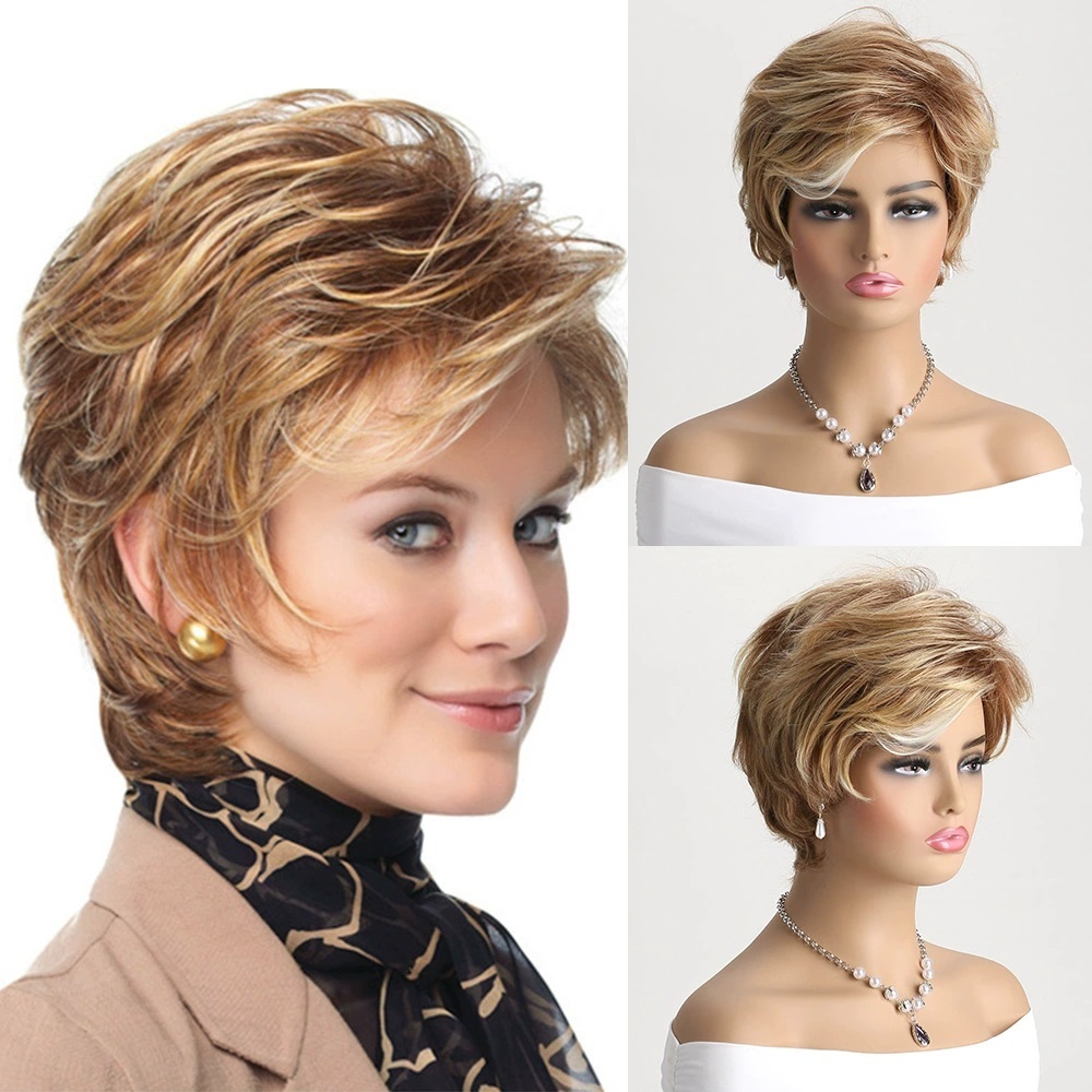 Short Hair Wigs with Bangs Dark Brown Mixed Blonde Pixie Cut Wig for Women Straight Synthetic Fiber Wigs
